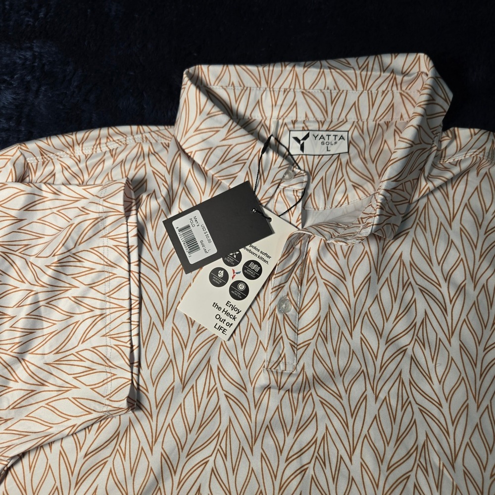 Yatta Golf Mens Gold Leaf Performance Polo Shirt Large NWT White Gold Stretch